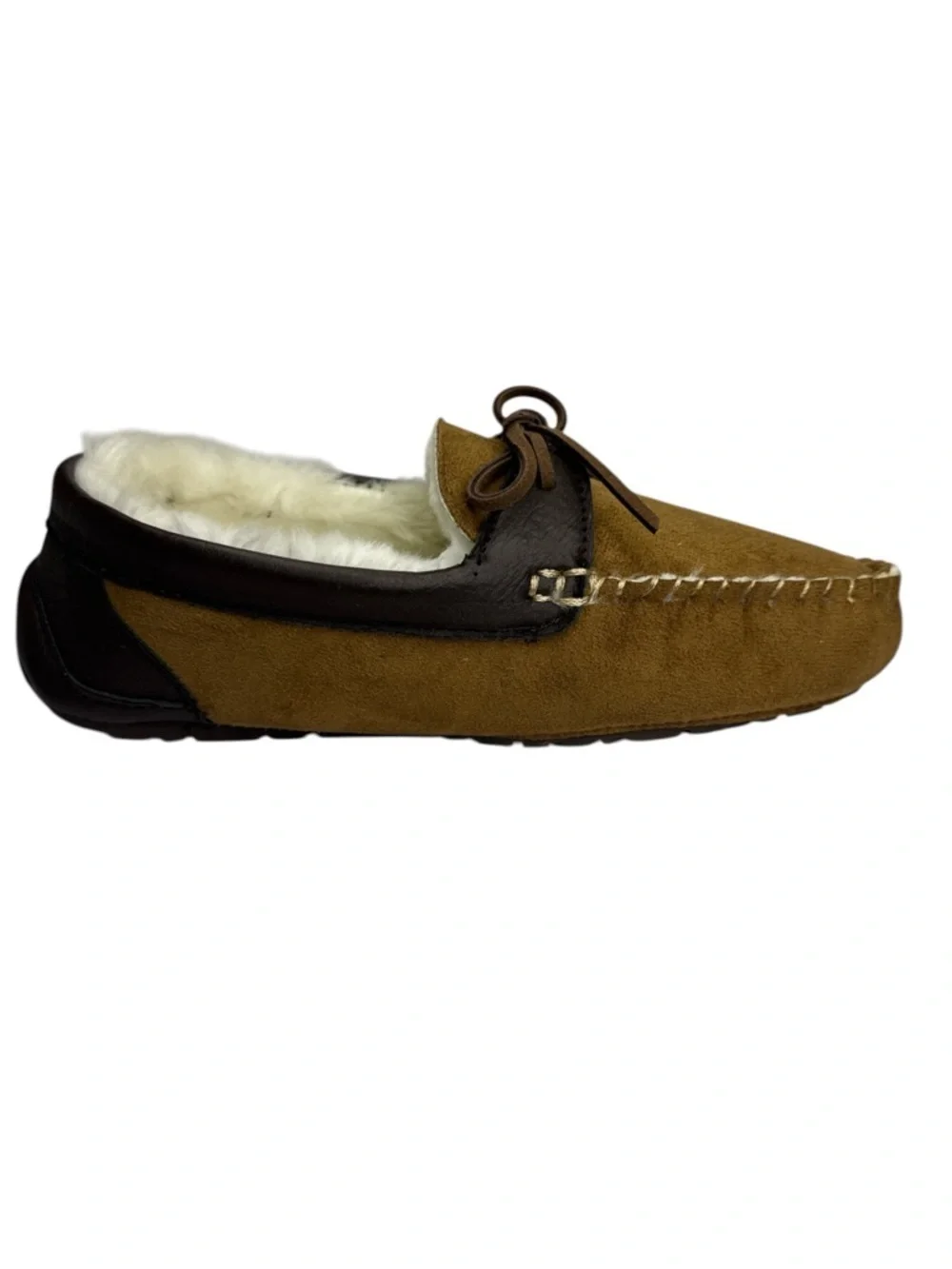 Lamo Moccasin Slippers Men’s 9 Tan Brown Suede Fleece Lined Leather Trim NWT